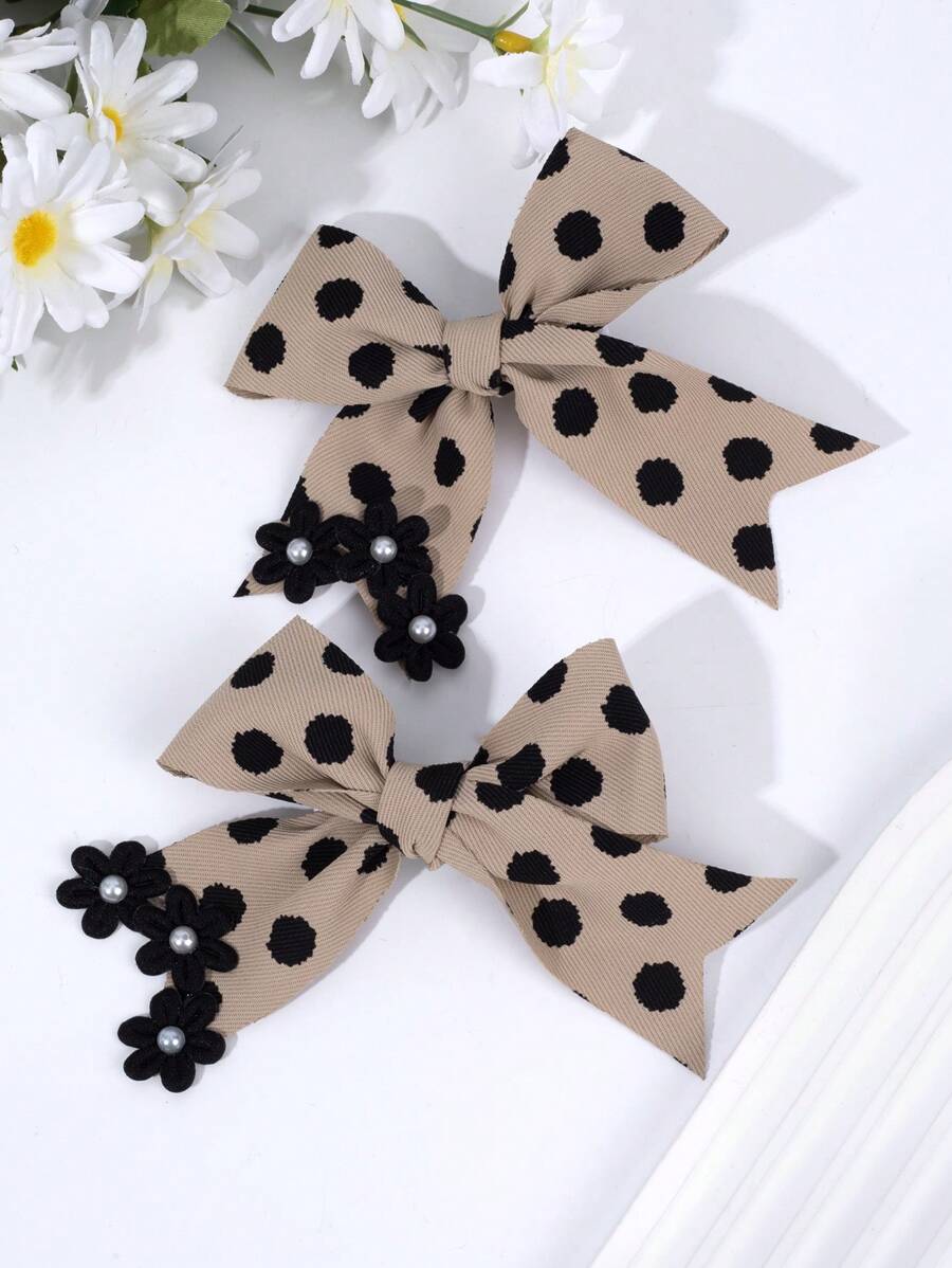 2 件女孩波尔卡圆点蝴蝶结发夹、黑色迷你花朵和人造珍珠装饰发夹、织物丝带打结发饰、鳄鱼发夹、儿童青少年发饰、秋冬发夹 - 彩色 - 查看 1