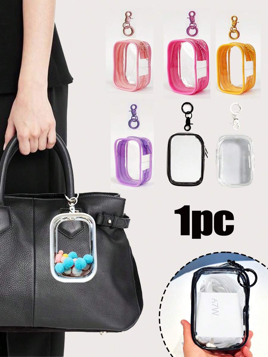 1pc Portable Waterproof Charger Storage Bag, Headphone Travel Data Cable Storage, Plush Toy Figure Dustproof Storage Bag, Pu Transparent Portable Travel Storage Bag, Jade Transparent Protective Cover, Colorful Square With Lobster Clasp, Suitable For Vacation, Travel, Business Trip, Commuting, Class, Daily Use, Can Be Matched With Different Types Of Bags - Multicolor - View 1