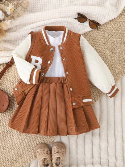 2 件套年轻女孩学院风棒球夹克和灯芯绒裙子，秋冬季