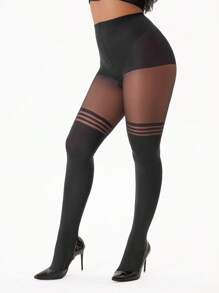 1 pieza Medias altas de mujer con estampado de jacquard, cómodas - Negro - Ver 2