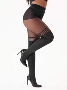 1 pieza Medias altas de mujer con estampado de jacquard, cómodas - Negro - Ver 5