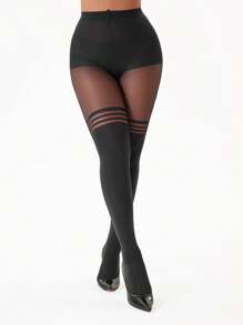 1 pieza Medias altas de mujer con estampado de jacquard, cómodas - Negro - Ver 4