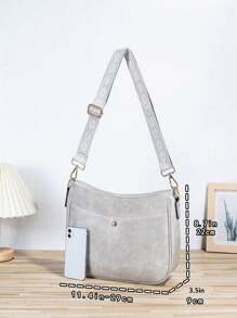 复古风格水桶包，复古风格斜挎包，纯素皮革单肩包，配有吉他背带和宽刺绣手柄 - 适合用作斜挎包、健身包、手提包等。 - 灰色 - 查看 8