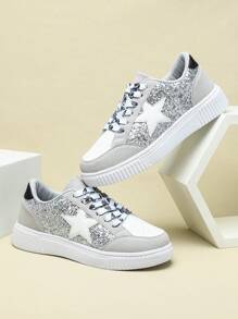 Herbst/Winter Silber-Grau & Weiß Farbblock Allround-Stil mit Pentagon Ornament Slip-On Runde Zehenkappe Skaterschuhe für Damen, bequeme & strapazierfähige Sohle, geeignet für Urlaubsreisen, Outdoor-Aktivitäten, tägliche Fahrten, Paar Lässig Sport Sneaker - Verschiedenfarbig - Übersicht 4