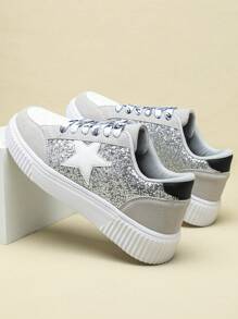 Herbst/Winter Silber-Grau & Weiß Farbblock Allround-Stil mit Pentagon Ornament Slip-On Runde Zehenkappe Skaterschuhe für Damen, bequeme & strapazierfähige Sohle, geeignet für Urlaubsreisen, Outdoor-Aktivitäten, tägliche Fahrten, Paar Lässig Sport Sneaker - Verschiedenfarbig - Übersicht 5