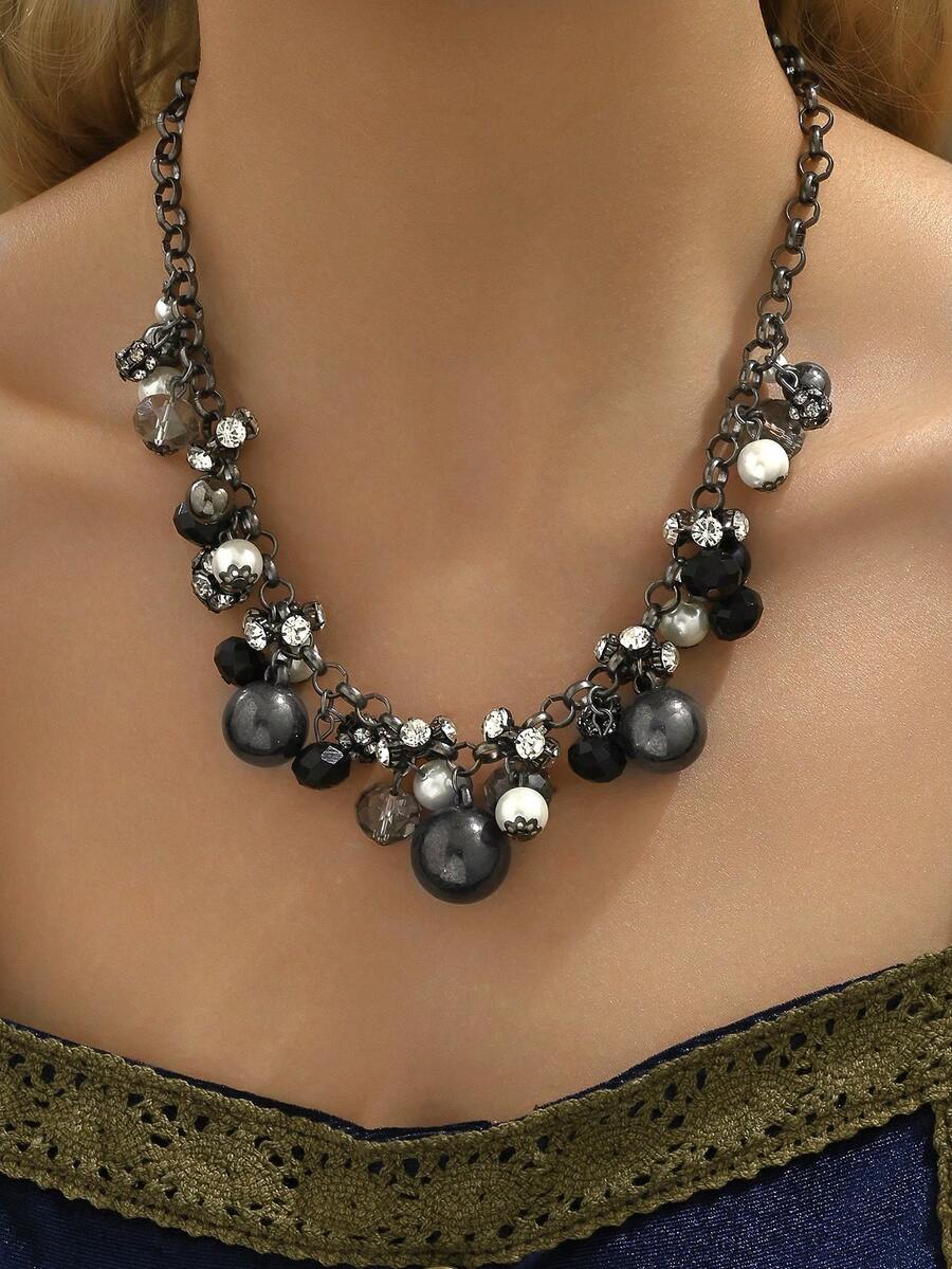 1 件时尚欧洲水钻和人造珍珠流苏项链，女士时尚珠宝礼物 - 彩色 - 查看 1