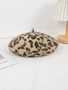 1 件女士双色豹纹人造毛皮贝雷帽，秋冬温暖复古风格，适合日常穿着、外出和摄影