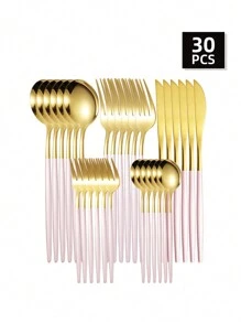 5/20/30pcs Stainless Steel Cutlery Set Including Knives,Forks And Spoons For Home,Hotel,Wedding And Festival Gifts ,Kitchen,Christmas Gift - 粉色 - 查看 10