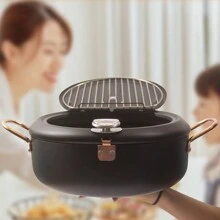 Deep Fryer Pot, Japanese Tempura Frying Pot With Fahrenheit Thermometer, Nonstick Carbon Steel Oil Fryer, For Tempura/Frech/Fish/Chicken Fries, Easy Clean - Black - View 3