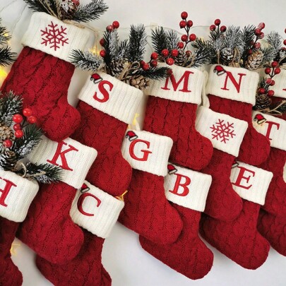 1pc Christmas Candy Stocking, Knitted Embroidered Santa Hat Candy Stocking, Hanging Decor For Bedroom, Christmas Decoration Prop, 18 Assorted Letters Available,Christmas