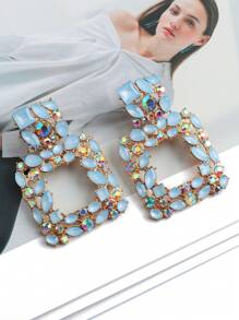 1pair Classic Square Hollow Crystal Stud Earrings, Suitable For Women Holiday Party And Daily Wear