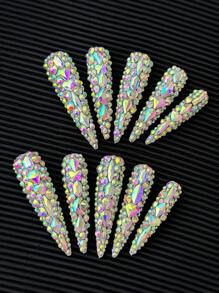 Y2K 奢华全水钻自制美甲压花高跟鞋（纯手工制作）、3D 超长奢华 AB 圆形和异形水晶水钻设计、重量轻、完美贴合指甲尖、时尚软凝胶假指甲、可重复使用的天然丙烯酸假指甲、粘性指甲、光滑假指甲、全覆盖丙烯酸假指甲、女士礼物、日常穿着、女士派对、舞会或节日、10 个指甲 - 彩色 - 查看 7