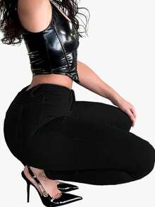 High Waisted Denim Skinny Jeans With Pockets - Dark Black - View 7