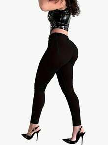 High Waisted Denim Skinny Jeans With Pockets - Dark Black - View 6