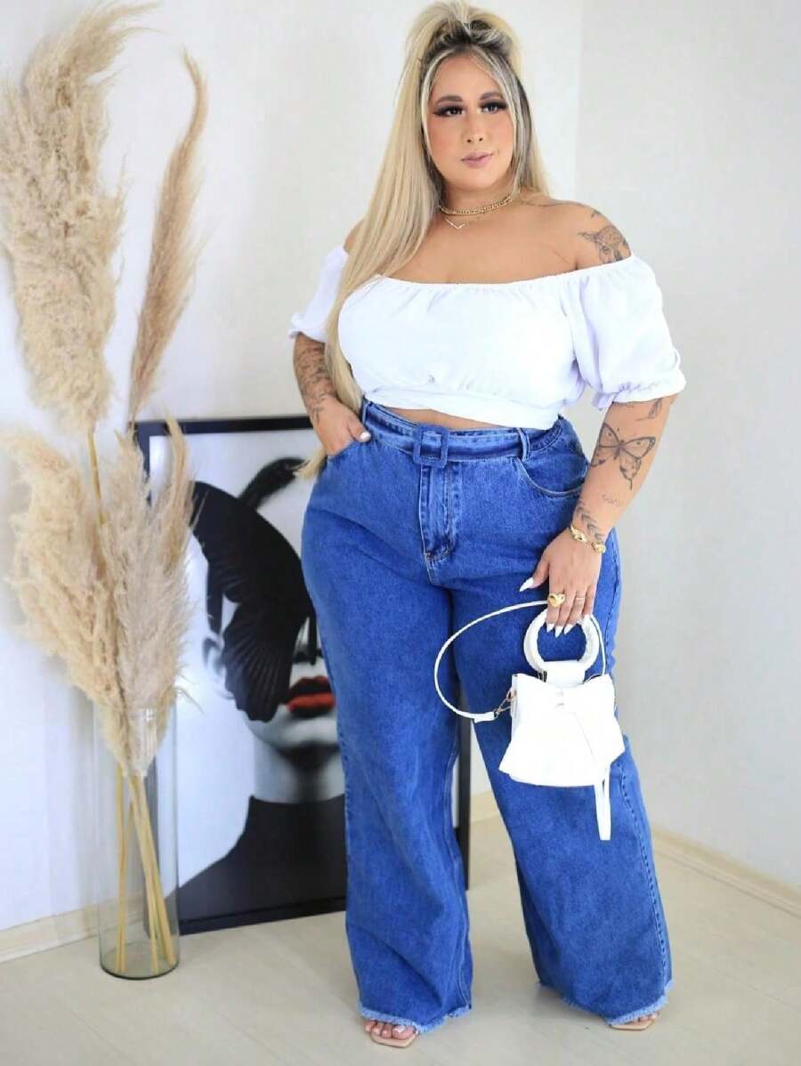 Women's Plus Size Wide Leg Jeans With Belt - Màu xanh lam - Xem 1
