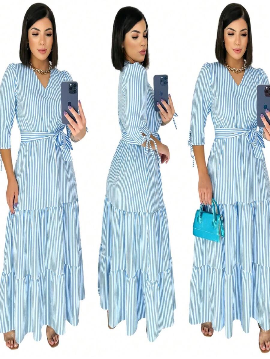 WOMEN'S LONG DRESS WITH 3/4 SLEEVE STRIPED PRINT IN SILK CREPE - 淺藍色 - 查看 1