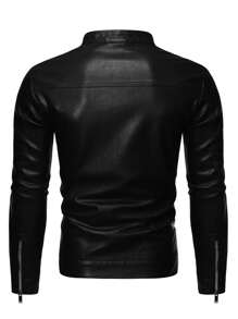 男友风男士仿皮夹克，防风，秋季休闲运动外套 - 黑色 - 查看 4