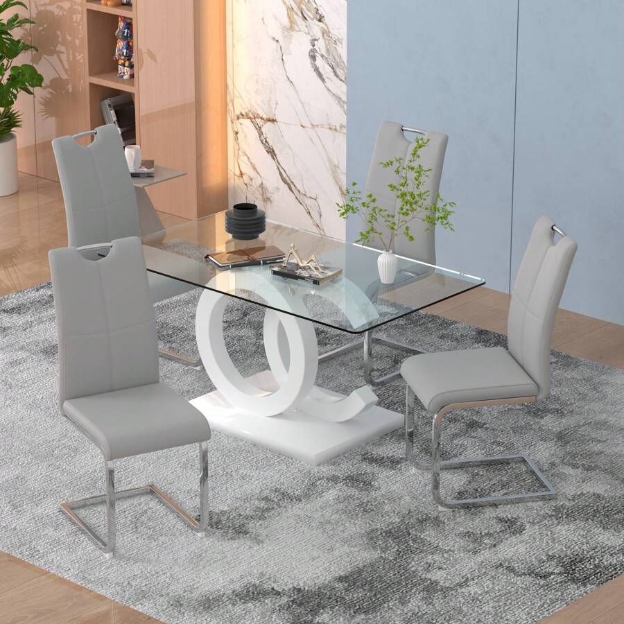 Sumdeal 63" Glass Dining Table With 4 Modern Chairs,Sumdeal 63" Glass Dining Table With 6 Modern Chairs, Golden/Silver - Bàn Trắng và 4 Ghế Xám Chân Bạc - Xem 1