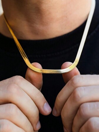 1 件男士金色扁平蛇链项链，华丽金色圆形项链，防水不褪色不锈钢项链，时尚珠宝礼物