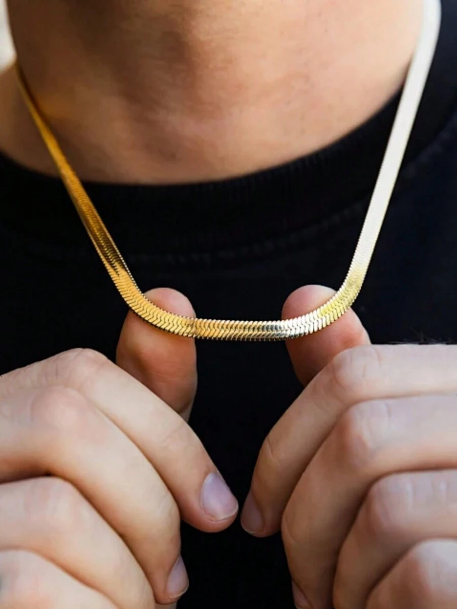 男士扁平金蛇链项链，优雅金圆项链，防水不锈钢项链，时尚饰品，男士礼物