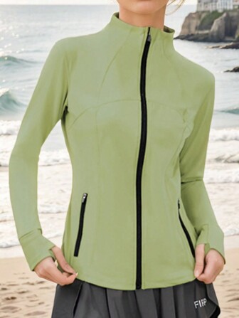 1pc Sporty Comfortable Elastic Knit Fabric Green Fitted Yoga Outdoor Quick Dry Breathable Active Top