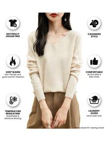 女士毛衣 一字无缝毛衣 女士 V 领毛衣 秋冬长袖柔软针织套头衫 - 米色 - 查看 4