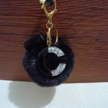 1pc Cute Letter Shaped Zinc Alloy Keychain, Keyring Spring/Summer/Autumn/Winter, Black English Letters & Fuzzy Ball Decor Car Accessories Bag Charm Backpack For School Goth Y2k Christmas Gift Ideas Bag Accessories Lanyards With Id Holder Car Accessories Bag Charms Car Teacher Friend Sister - Black + White - View 14