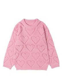 EAVA 女士街头风甜美心形系带提花宽松休闲长袖圆领针织套头衫，情人节，女士情人节服装，情人节服饰