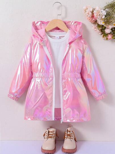 Young Girl Laser Purple Trench Coat Thin Jacket, Multifunctional, Fashionable, Personalized, Cool, Special Waist Cinched Mid Length Zipper Hoodie, Suitable As A Gift For Daughters,