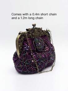 1pc Purple Rose Embroidered Beaded Sequin With Rose Carving Bronze Tone Rhinestone Decor 1920s Vintage Style Evening Clutch Bag, Suitable For Women's Formal Occasion, Party, Wedding Dress, Gift For Lady, Mother, Birthday
