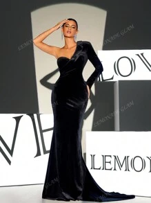 1pc Black One-Sleeve Velvet Floor-Length Evening Gown, Formal Prom Dress Dinner Party Dress, For Wedding Guest, Graduation