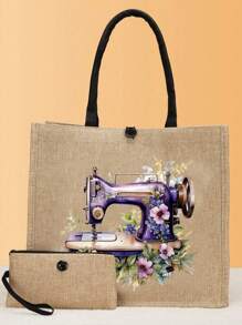 Máquina de coser portátil, Bolso de lona con estampado floral de niña, taza, girasol, hojas verdes, bolso de viaje minimalista, bolsa de cosméticos, bolsa de maquillaje de viaje de gran capacidad, bolso portátil multifuncional - Caqui - Ver 12