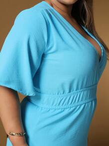 Vestido Longo Plus Size Gola V Grande 48 50 52 Manga Babado - Azul bebê - Visão 4