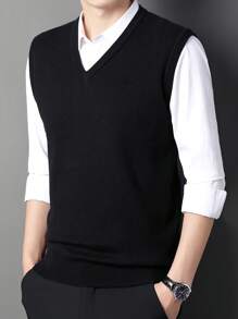 Wear At Home Autumn And Winter Wool Warm Solid Color V-Neck Men's Knitted Vest Ls Suitable For Casual - 黑色 - 查看 2