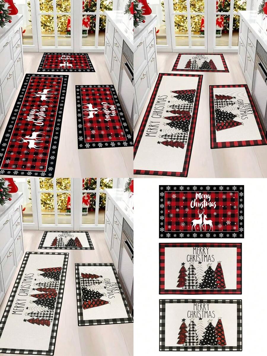 1 pieza Felpudo de Bienvenida de Navidad Alegre, Alfombra de Piso con Estampado a Cuadros de Árbol de Navidad y Alce, Antideslizante y Absorbente para Interior/Exterior, Decoraciones Navideñas 2024 para Decoración del Hogar, Baño, Cocina, Regalos de Navidad, Feliz Año Nuevo 2025, Decoraciones del Hogar para Festivales y Días Festivos - Multicolor - Ver 1