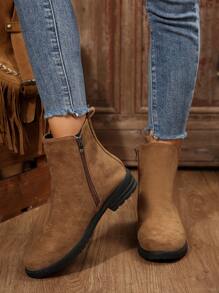 Women's Fashion Casual 3CM Flat Heel Vintage Round Toe Suede Leather Western Style Side Zipper Ankle Boots - Brown - View 6