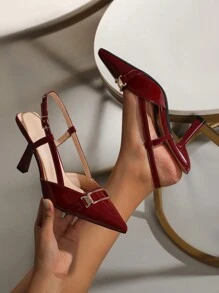 OMS 女士时尚棕色露背尖头细高跟露跟凉鞋，百搭公主派对婚礼礼服鞋