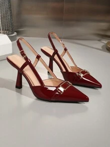 OMS 女士时尚棕色露背尖头细高跟露跟凉鞋，百搭公主派对婚礼礼服鞋