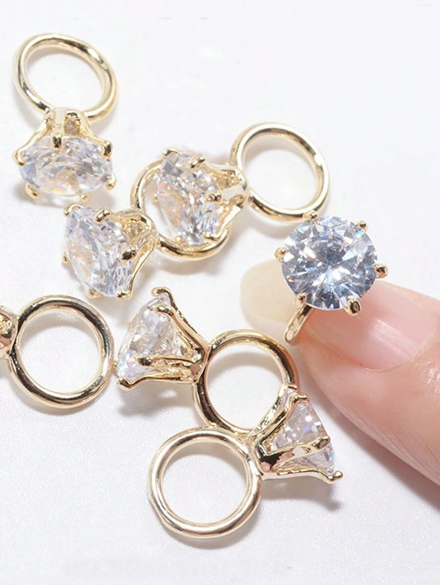 2Pcs/Pack Gold White Rhinestone Ring Nail Art Charm 3D Alloy High Quality Gold/Silver Wedding Nail Ring Decoration Diy Japanese Design Glitter Luxury Nail Ring Decor Parts Supplies Nails Nail Charms Nail Gems - Multicolor - View 1
