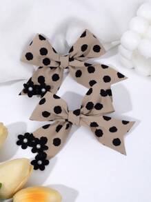 2 件女孩波尔卡圆点蝴蝶结发夹、黑色迷你花朵和人造珍珠装饰发夹、织物丝带打结发饰、鳄鱼发夹、儿童青少年发饰、秋冬发夹 - 彩色 - 查看 6