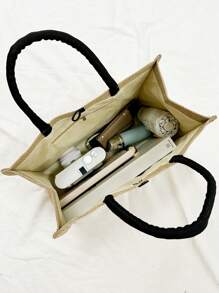 Máquina de coser portátil, Bolso de lona con estampado floral de niña, taza, girasol, hojas verdes, bolso de viaje minimalista, bolsa de cosméticos, bolsa de maquillaje de viaje de gran capacidad, bolso portátil multifuncional - Caqui - Ver 8