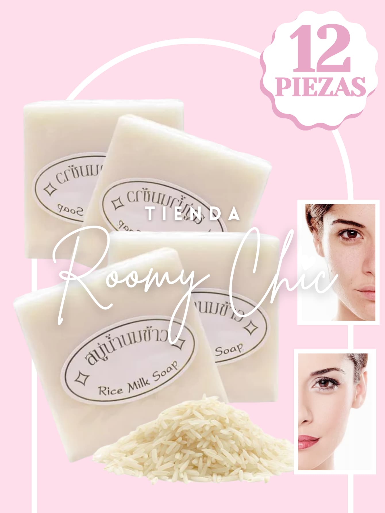 ROOMY CHIC Set Jabón en Barra de Arroz Tailandés Blanqueador Cuerpo Cara White Rice Aclarador Exfolia Quita Manchas Acné Manchas Solares Marca Minimiza Poros Exfolia Espinillas y Puntos Negros Ducha del baño Jabones De Arroz Jabón Aclarante Hidratante Tailandés Para Cuerpo Cara y Manos Limpieza profunda Belleza & Salud Cuidado personal Ducha del baño Jabones - Beis - Ver 1