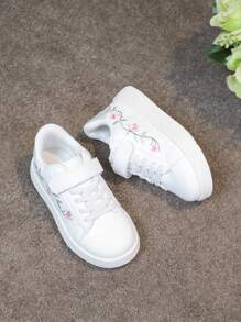 1 Pair Kids Versatile Casual White Sneakers, Comfortable Breathable Cartoon Embroidered Flat Student Shoes, Fashion Campus Style Flat Shoes, Cute & Sweet Running Sports Shoes - White - View 9