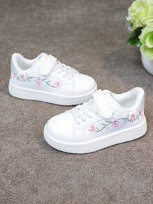 1 Pair Kids Versatile Casual White Sneakers, Comfortable Breathable Cartoon Embroidered Flat Student Shoes, Fashion Campus Style Flat Shoes, Cute & Sweet Running Sports Shoes - White - View 6