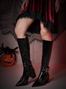 Women Knee High Boots Buckle Side Zipper Chunky Heel Pointed Toe Boots Tall Dress Riding Boots - 黑色 - 查看 8