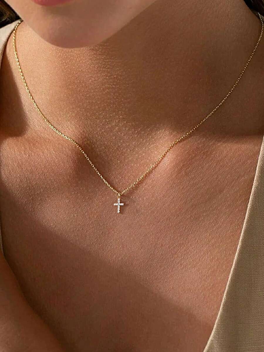 1 件简约优雅奢华水钻吊坠纯银项链，适合女士，精致日常佩戴项链 - 金黃色 - 查看 1