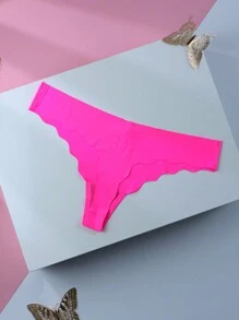 1pc Women Low Waist Seamless Lace Trim Thong Panty, Rose Red