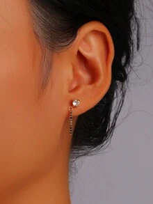 1 对 925 纯银黑色锆石长流苏吊坠耳环，优雅奢华的设计适合女性正式场合 - 金色 - 查看 2