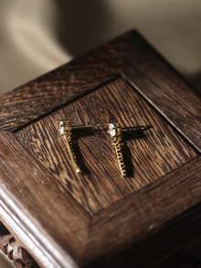 1 对 925 纯银黑色锆石长流苏吊坠耳环，优雅奢华的设计适合女性正式场合 - 金色 - 查看 6