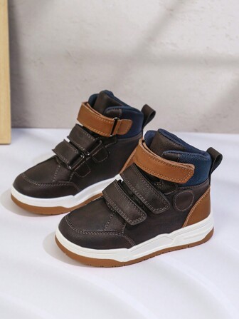 1 Pair Kids High Top Sports Shoes, Boys & Girls Hook And Loop Strap Dual-Color Splice Casual Sneakers, TPR Outsole Lightweight Breathable All Season Training Shoes For Outdoor, Campus Wear